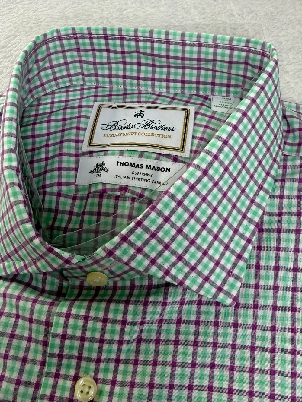 Brooks Brothers Thomas Mason Purple Green Check Dress Shirt NWT 17/33 Slim Fit